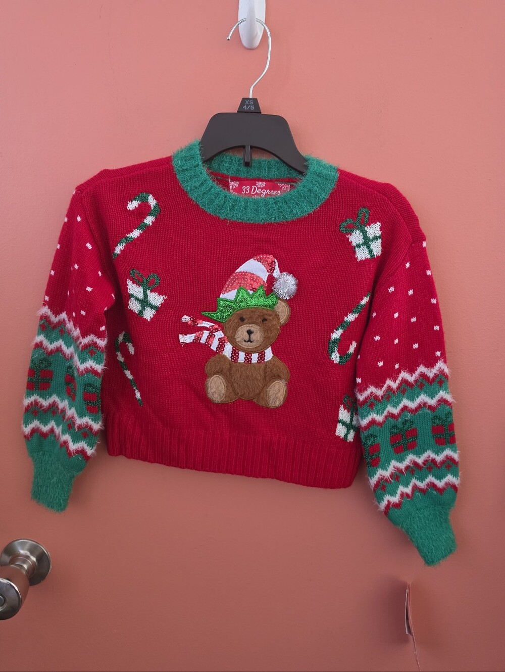 NWT 33 Degrees Girls Size XS(4/5) Teddy Bear Ugly Christmas Sweater Sequins